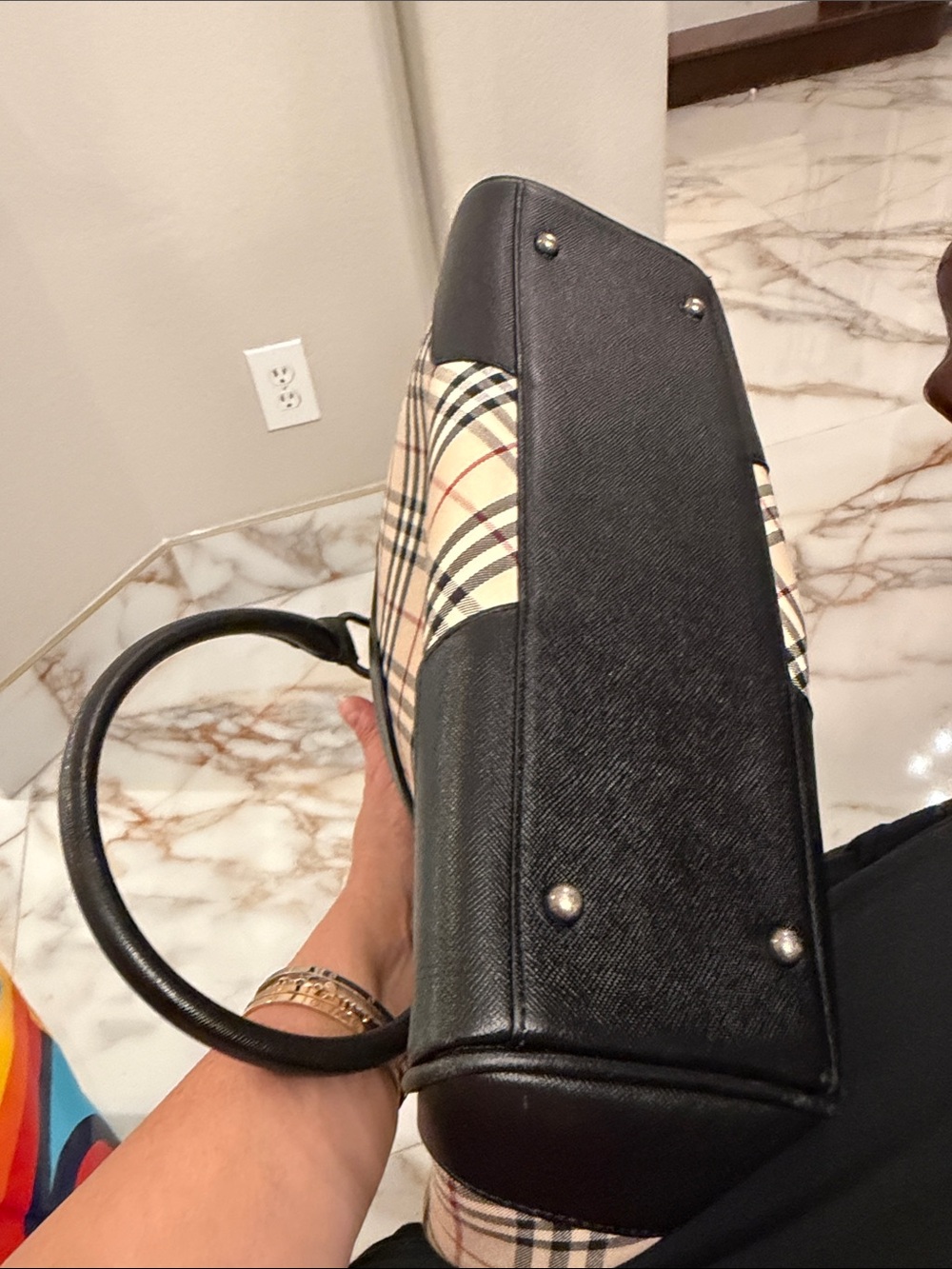 Burberry Beige Plaid Tote with Black Trim - Picture 9 of 13